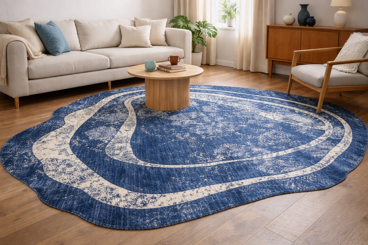 Modern Blue Abstract Wave Irregular Rug