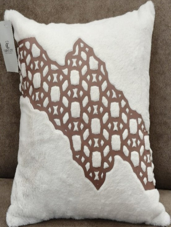 Geometric Cutwork Rabbit Fur Cushion Rust