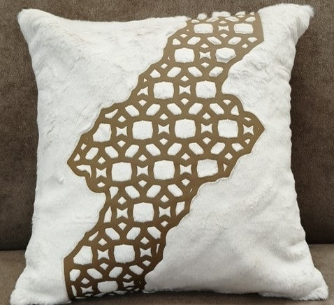 Geometric Cutwork Rabbit Fur Cushion Tan