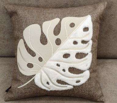 Monstera Leaf Appliqué Cushion -Brown