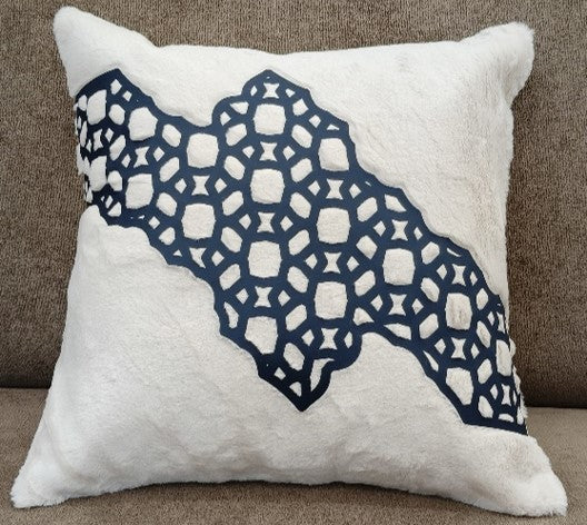 Geometric Cutwork Rabbit Fur Cushion Navy blue