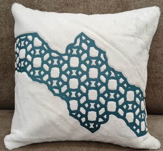 Geometric Cutwork Rabbit Fur Cushion Teal blue