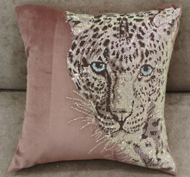 Leopard Sequin Embroidered Cushion Pink