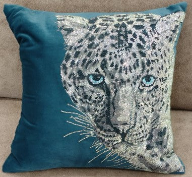Leopard Sequin Embroidered Cushion Teal Blue