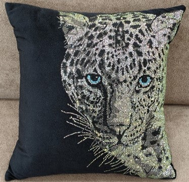 Leopard Sequin Embroidered Cushion Black