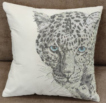 Leopard Sequin Embroidered Cushion Ivory