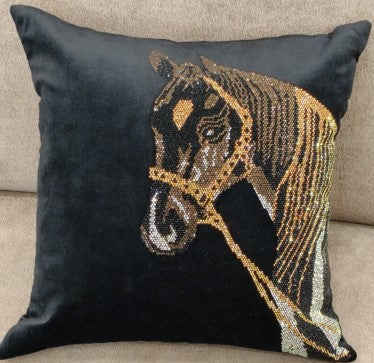 Horse Sequin Embroidered Cushion Black