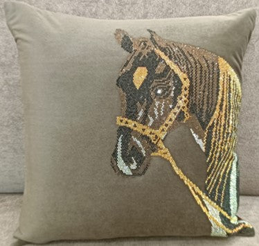 Horse Sequin Embroidered Cushion Taupe Grey