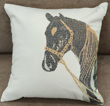 Horse Sequin Embroidered Cushion Ivory