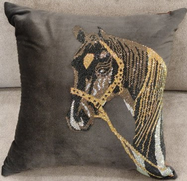 Horse Sequin Embroidered Cushion Charcoal Grey