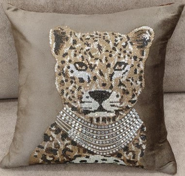 Royal Leopard Sequin Cushion Taupe Grey