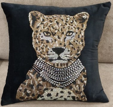 Royal Leopard Sequin Cushion Black