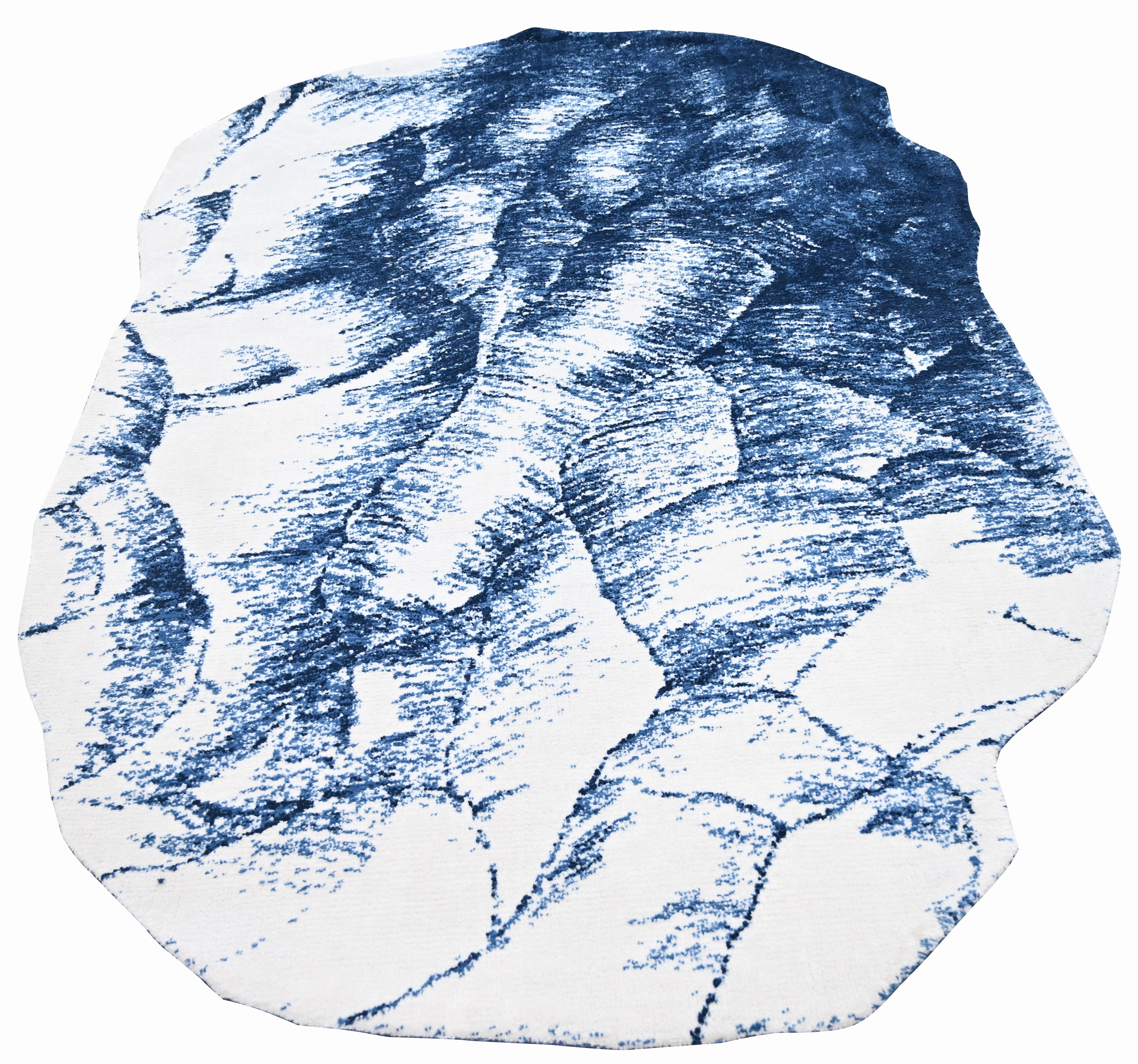 Modern Abstract Blue Ivory Irregular Rug