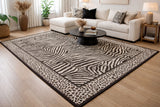 Zebra Animal Print Rug Brown Ivory Border
