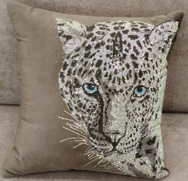 Leopard Sequin Embroidered Cushion Grey