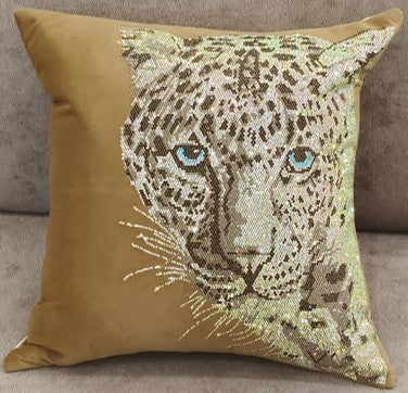 Leopard Sequin Embroidered Cushion Mustard Gold