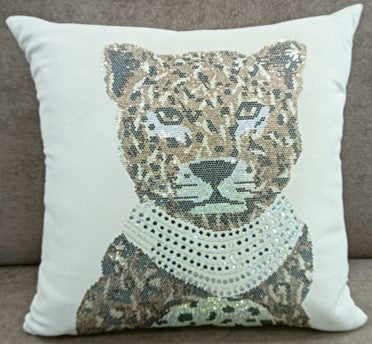 Royal Leopard Sequin Cushion Ivory