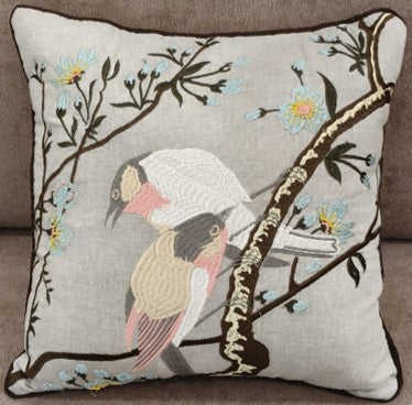 Bird Branch Embroidered Cushion soft Grey