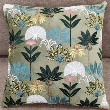 Tropical Botanical Embroidered Cushion  Green